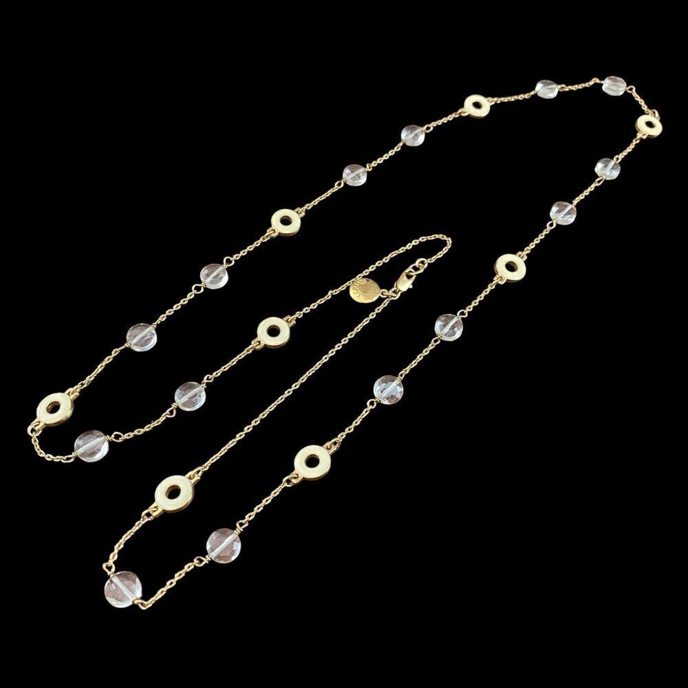 J. Crew Necklace Gold Tone Crystal Ivory Enamel Beaded Station 32" Long Classic